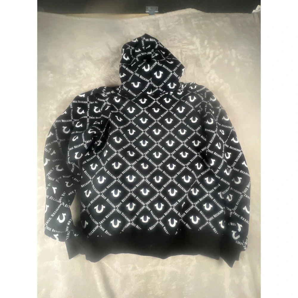 True Religion Mens Black White All Over Logo Print Pullover Hoodie Size Large